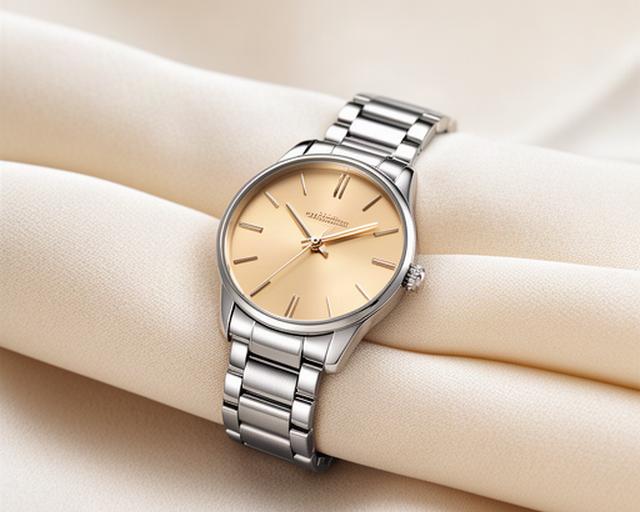 Elegante Elia Damenuhr mit champagnerfarbenem Zifferblatt und feinem Edelstahlband auf hellem Stoff