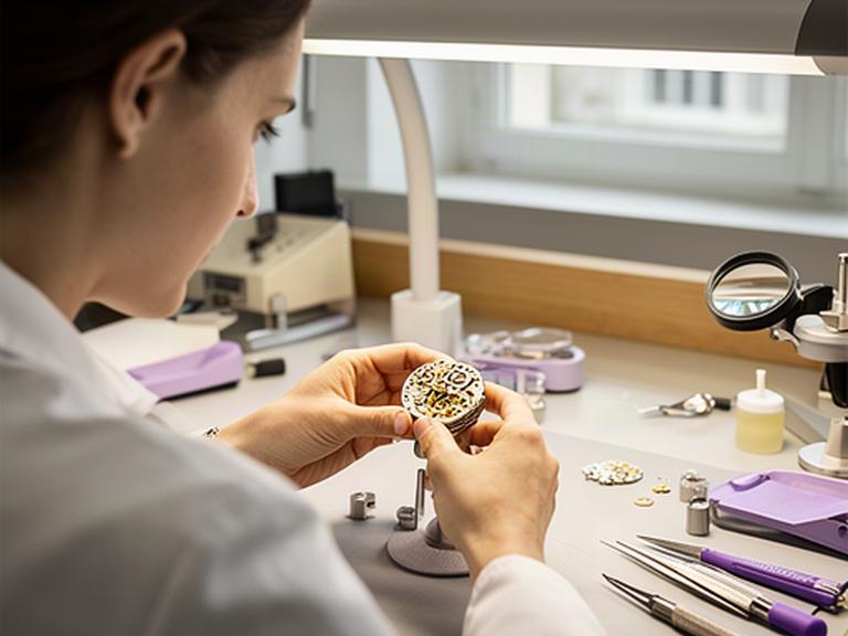Uhrmacherin montiert ein mechanisches Uhrwerk an einem Arbeitsplatz im Atelier von Frey & Felder Kaliber in Morges