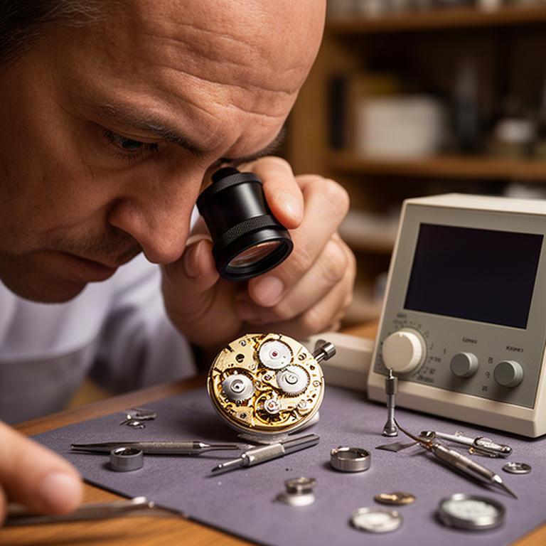 Uhrmacher prüft die Reglage einer Armbanduhr mit Lupe und Messgerät