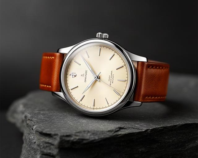 Klassische Schweizer Dresswatch mit hellem Zifferblatt und braunem Lederband auf dunklem Stein