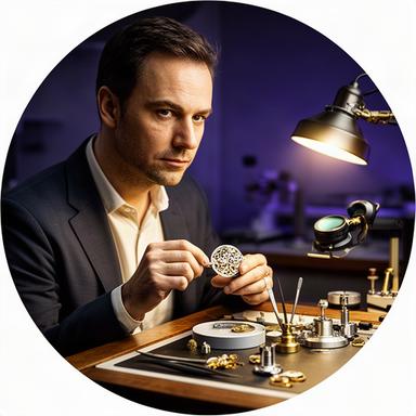 Dalil Marcis, Chefuhrmacher, bei der Arbeit an einem mechanischen Uhrwerk