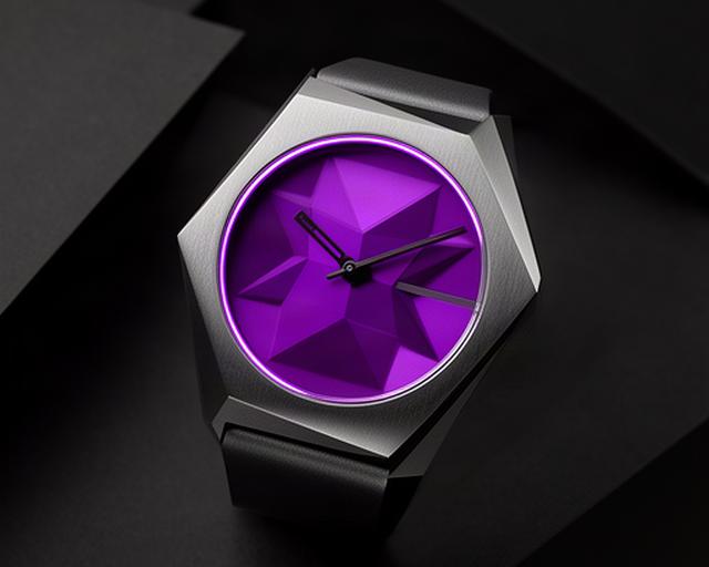 Ligne Avantgarde Uhr mit geometrischem violettem Zifferblatt und gebürstetem Titan auf schwarzem Untergrund