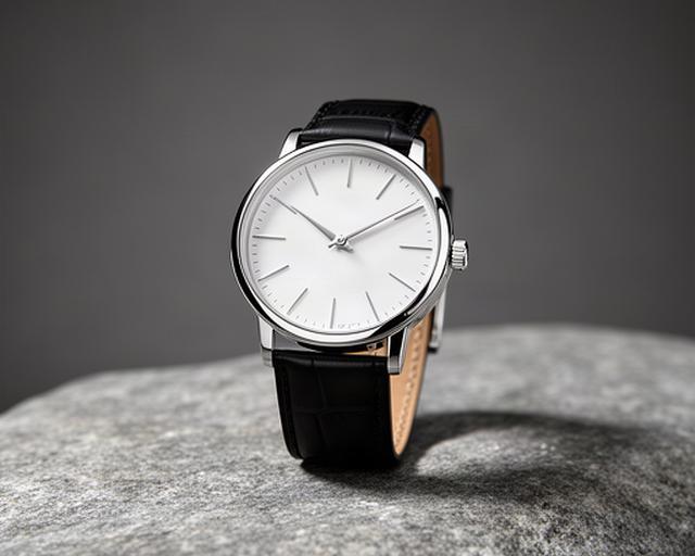Silberne Meridian Armbanduhr mit weissem Zifferblatt und schwarzem Lederarmband auf grauem Stein