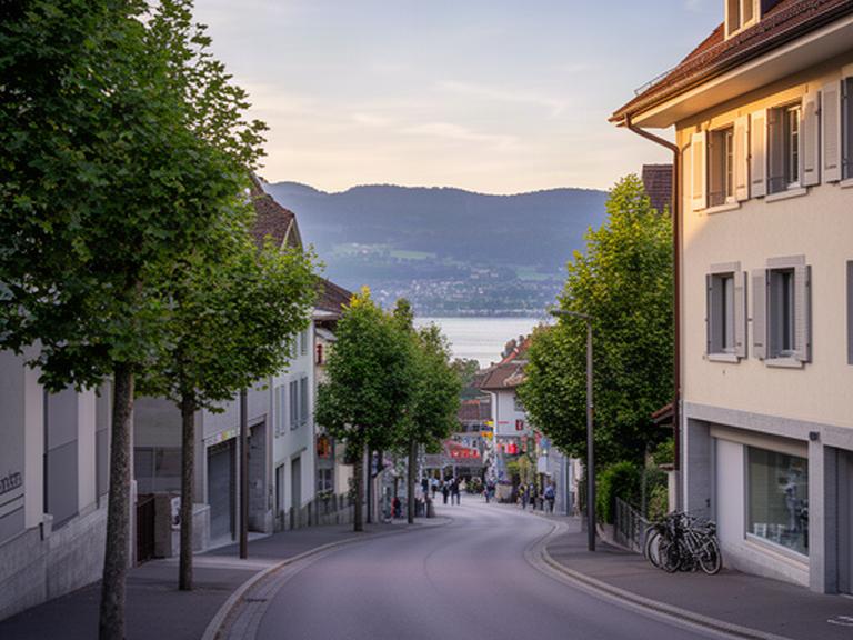 Strasse in Morges nahe dem Chemin du Cloud mit ruhiger Umgebung und Blick auf die Waadt