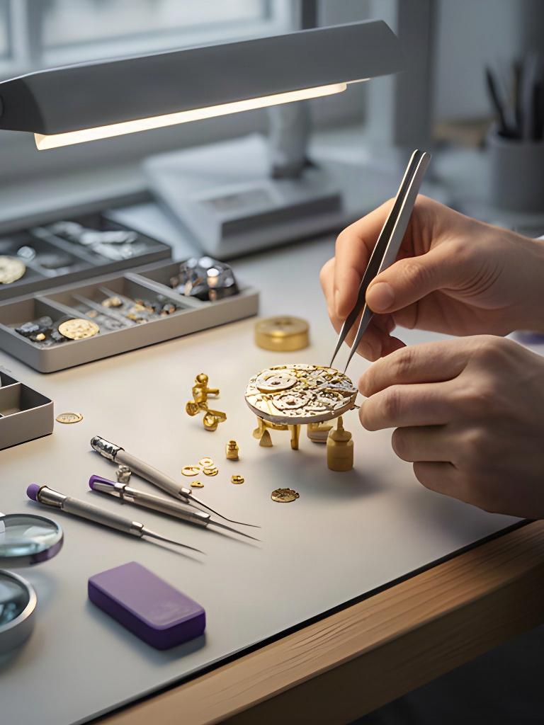 Uhrmacher montiert ein mechanisches Uhrwerk an einem hellen Werkstattplatz