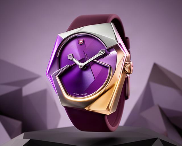 Avantgardistische Schweizer Armbanduhr mit violettem Zifferblatt und skulpturalem Gehäuse